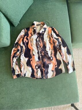 Abstract Marble Button-Up Shirt in Black, Salmon & Cream